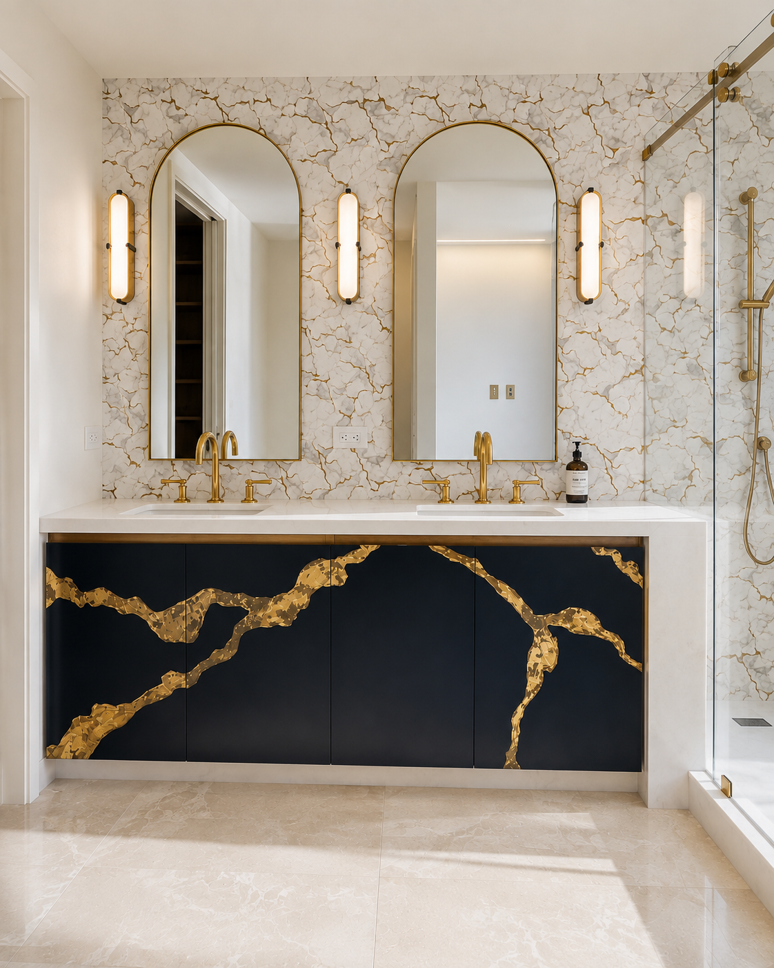 A luxury modern bathroom vanity featuring a black cabinet with dramatic gold veining, a white marble countertop with two sinks, and two arched mirrors with gold frames against a marble-patterned wall. 