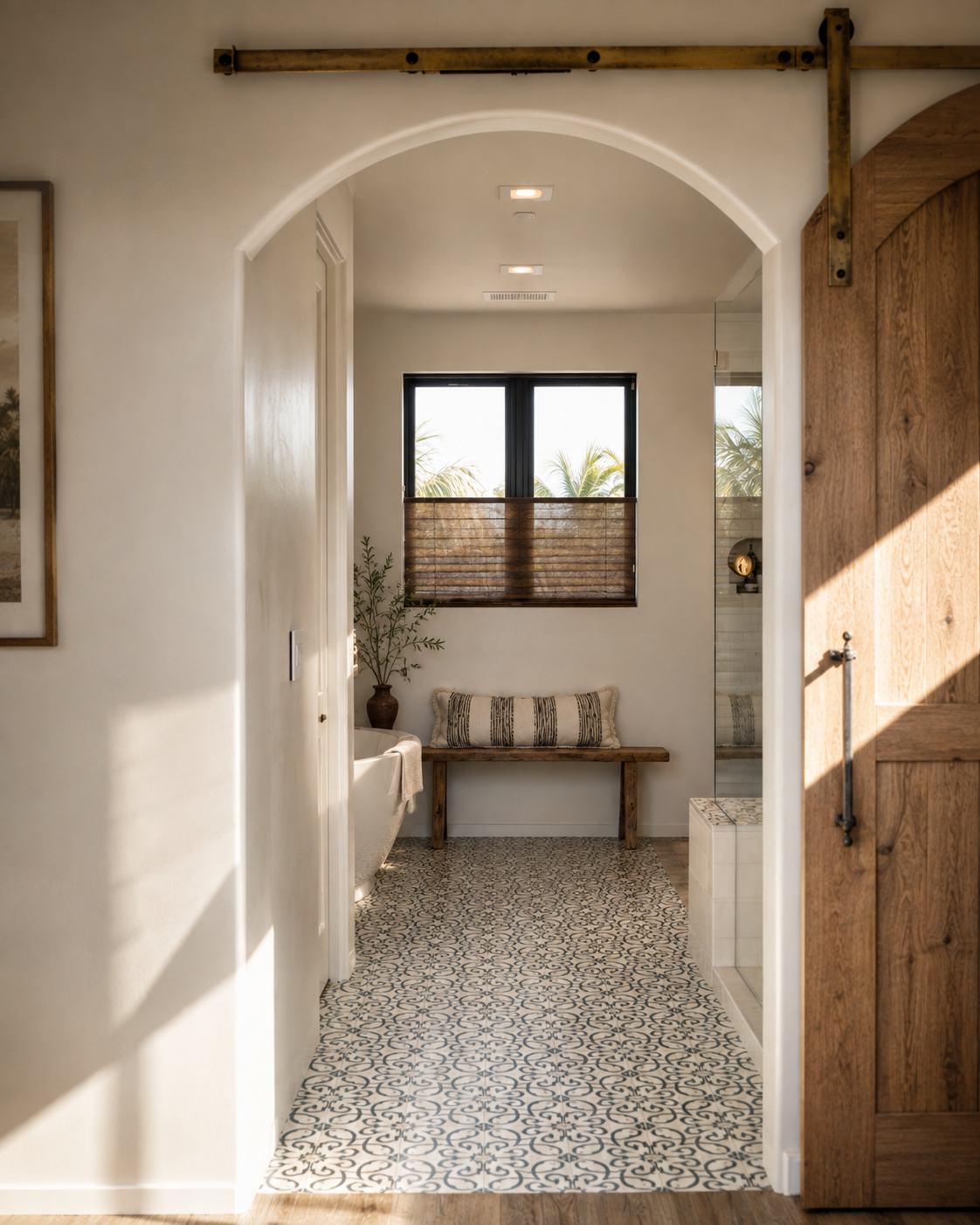 An interior architectural view through a white arched doorway into a sunlit bathroom or hallway with patterned tile flooring, a wooden bench, a window with woven shades, and a rustic wooden door on the right.