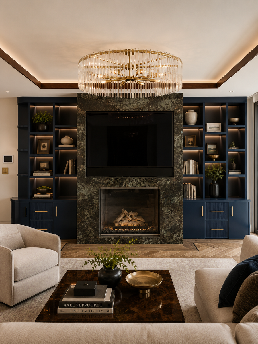 A luxury living room featuring a dark stone fireplace with a built-in TV and fireplace below, flanked by tall navy blue built-in shelves with warm lighting. A large gold-framed crystal chandelier hangs from the ceiling, and the room is furnished with cream-colored sofas, a dark wood coffee table, and herringbone wood flooring.
